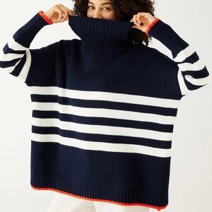 MER-SEA Marina Striped Tunic Sweater in navy blue white stripes red trim OS